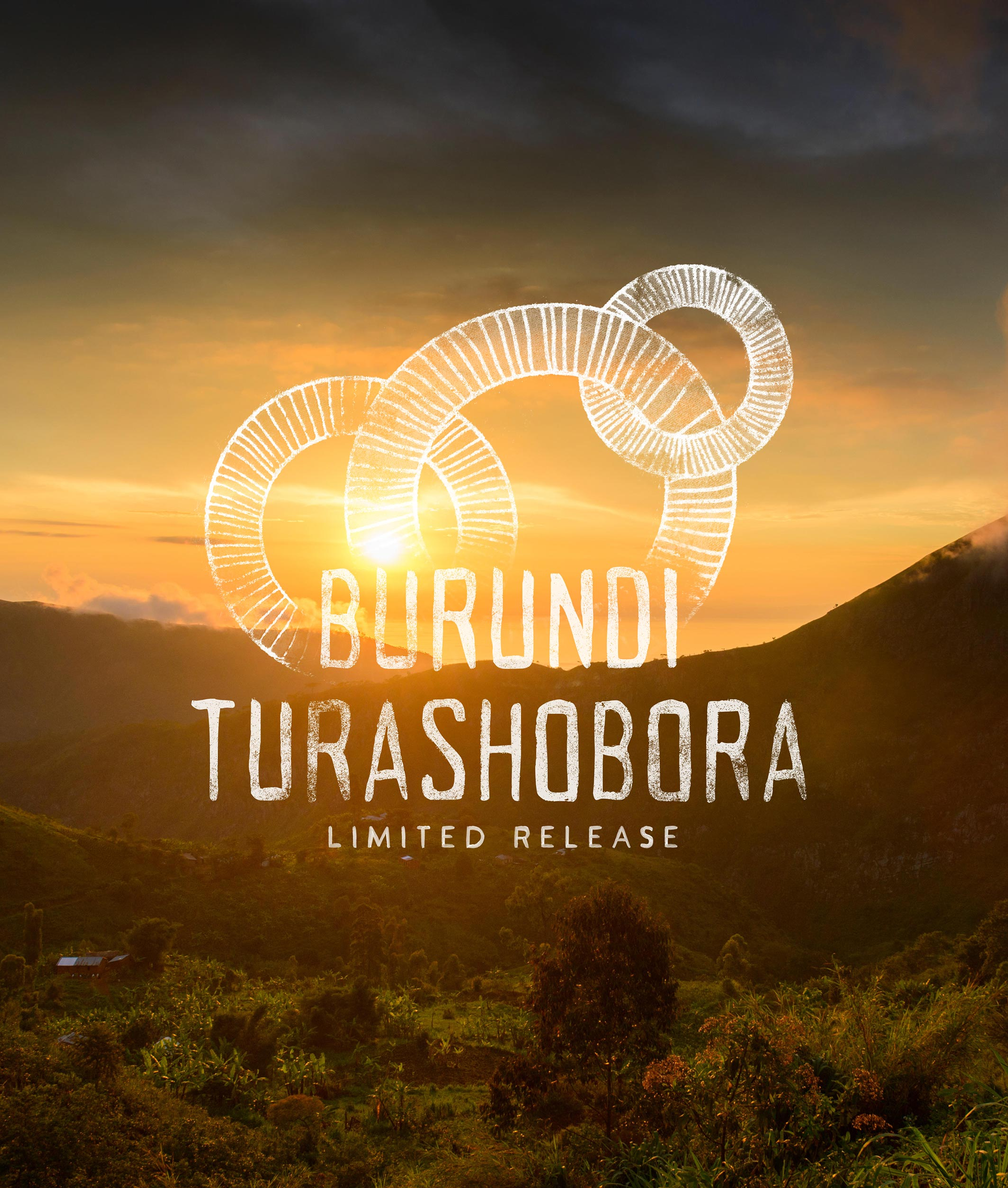 A scenic landscape poster with mountains and a sunset sky, featuring the text 'BURUNDI TURASHOBORA' and 'LIMITED RELEASE' overlaid in white, along with a white circular geometric graphic near the top center.